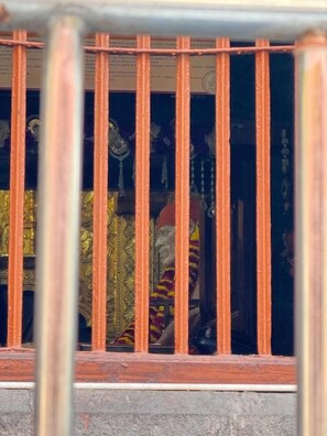 A window with vertical bars, through which a patterned fabric and a figure in traditional attire are visible. - Sai G.R.K Hotel (Shirdi)