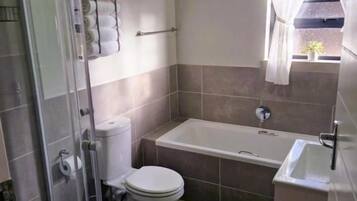 A bathroom with a glass shower enclosure, a toilet, a bathtub, and a sink.