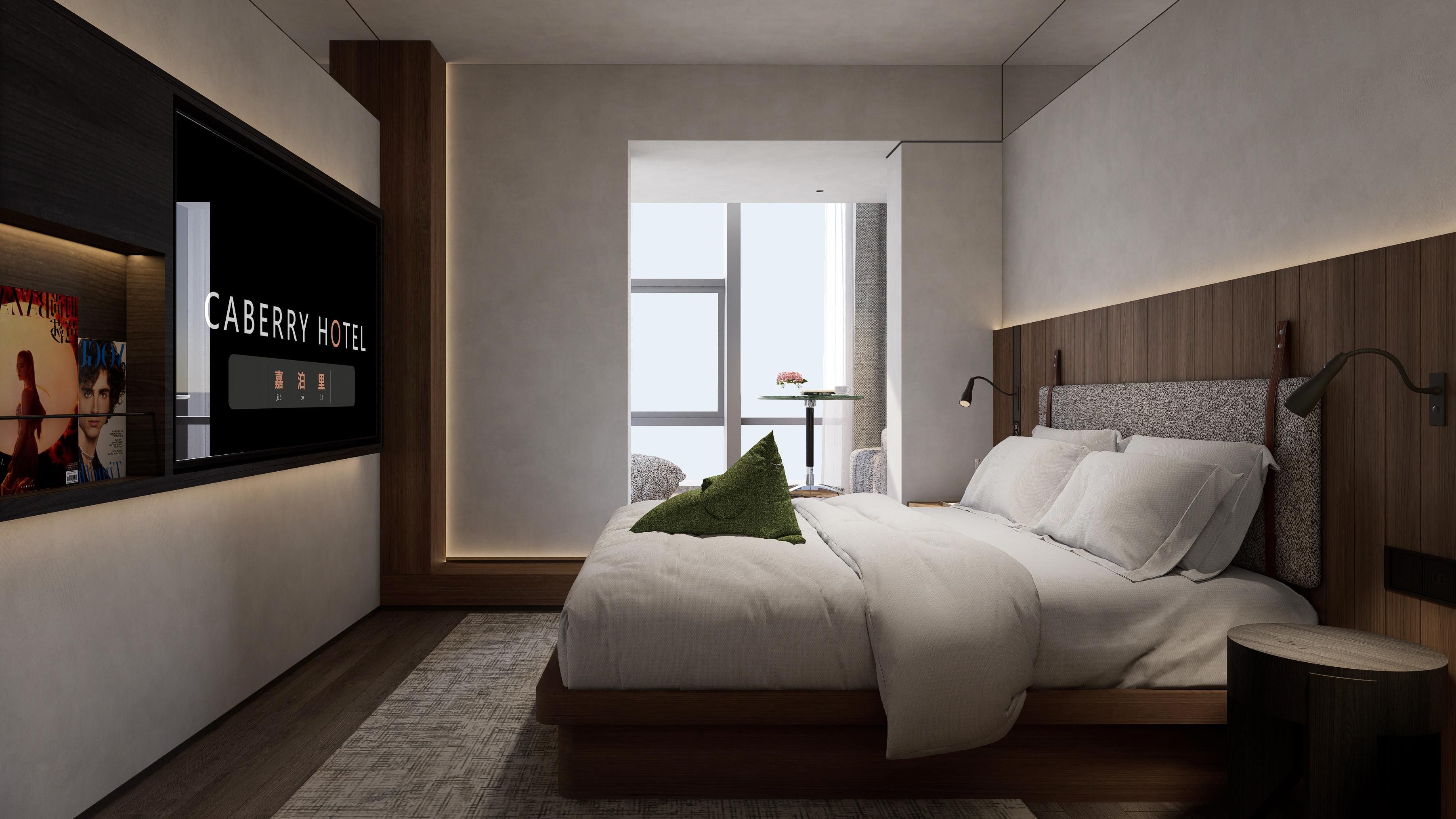 Un dormitorio moderno con una cama, una mesita de noche, una lámpara y un televisor en la pared mostrando 'CABERRY HOTEL'.