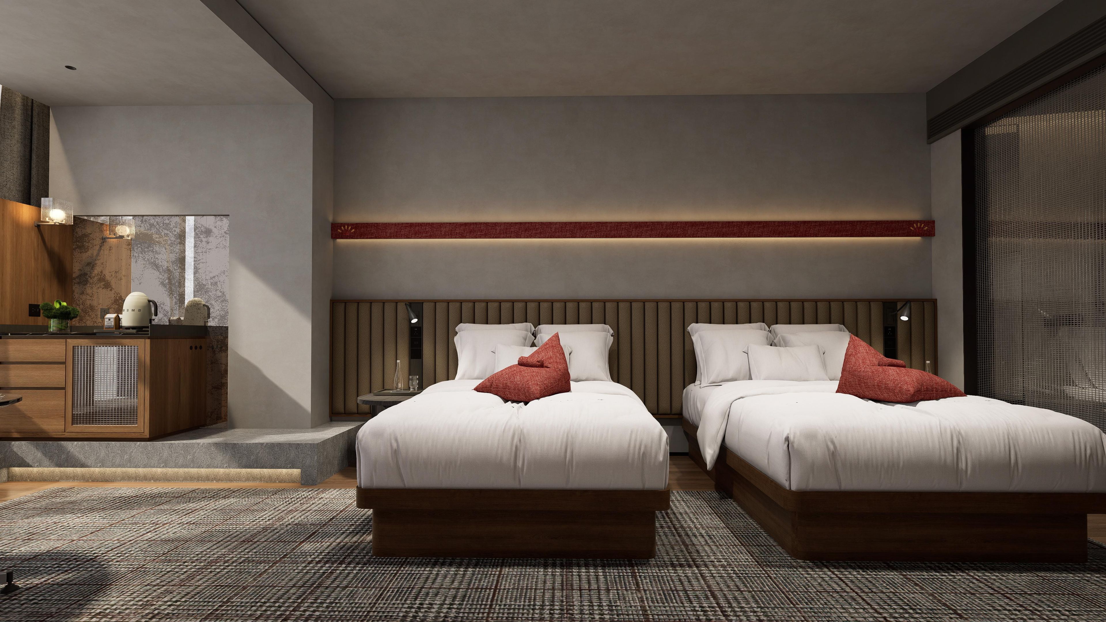 Une chambre d’hôtel moderne avec deux lits, une commode en bois et une grande fenêtre.