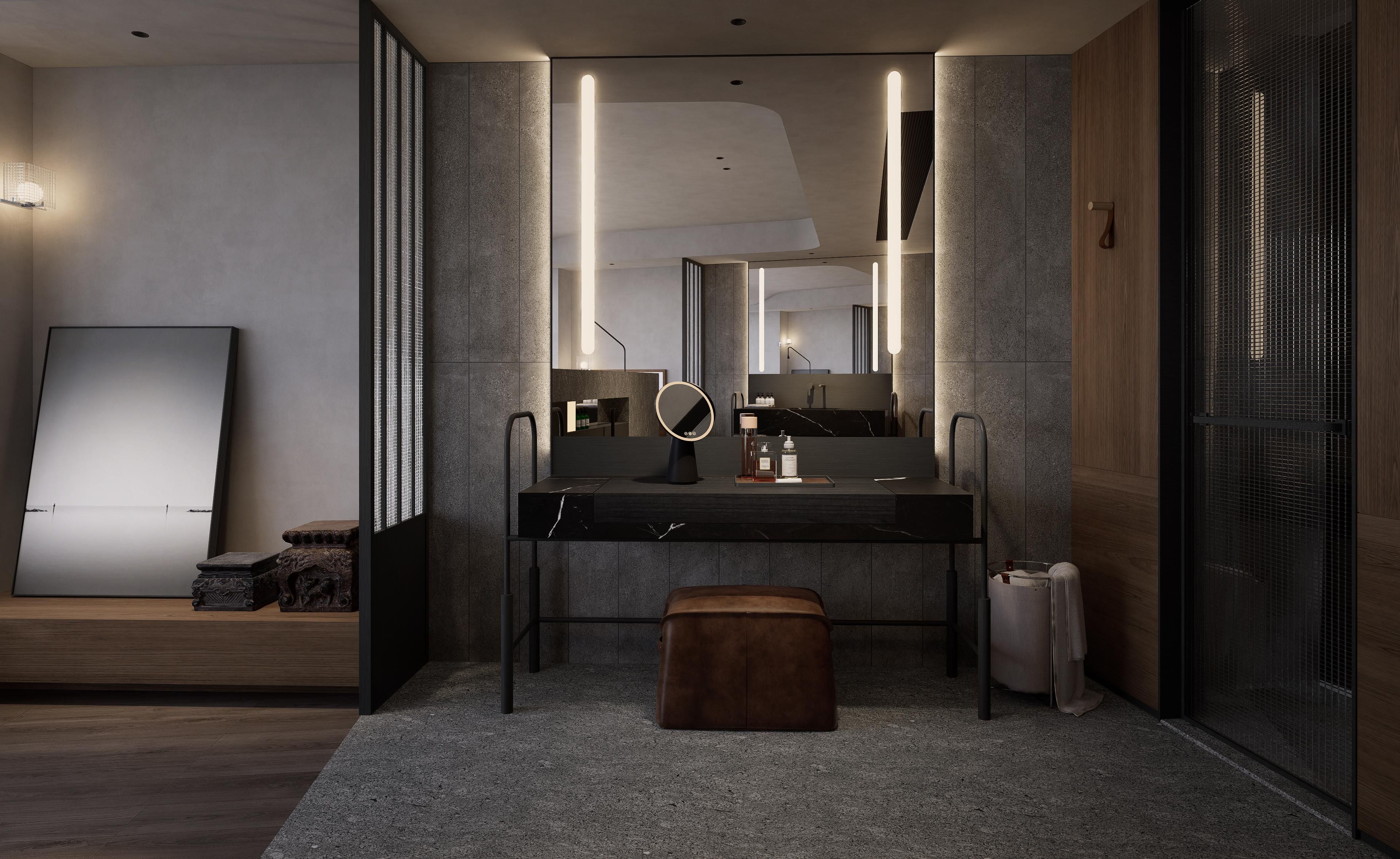 Un baño moderno con tocador, espejo e iluminación.