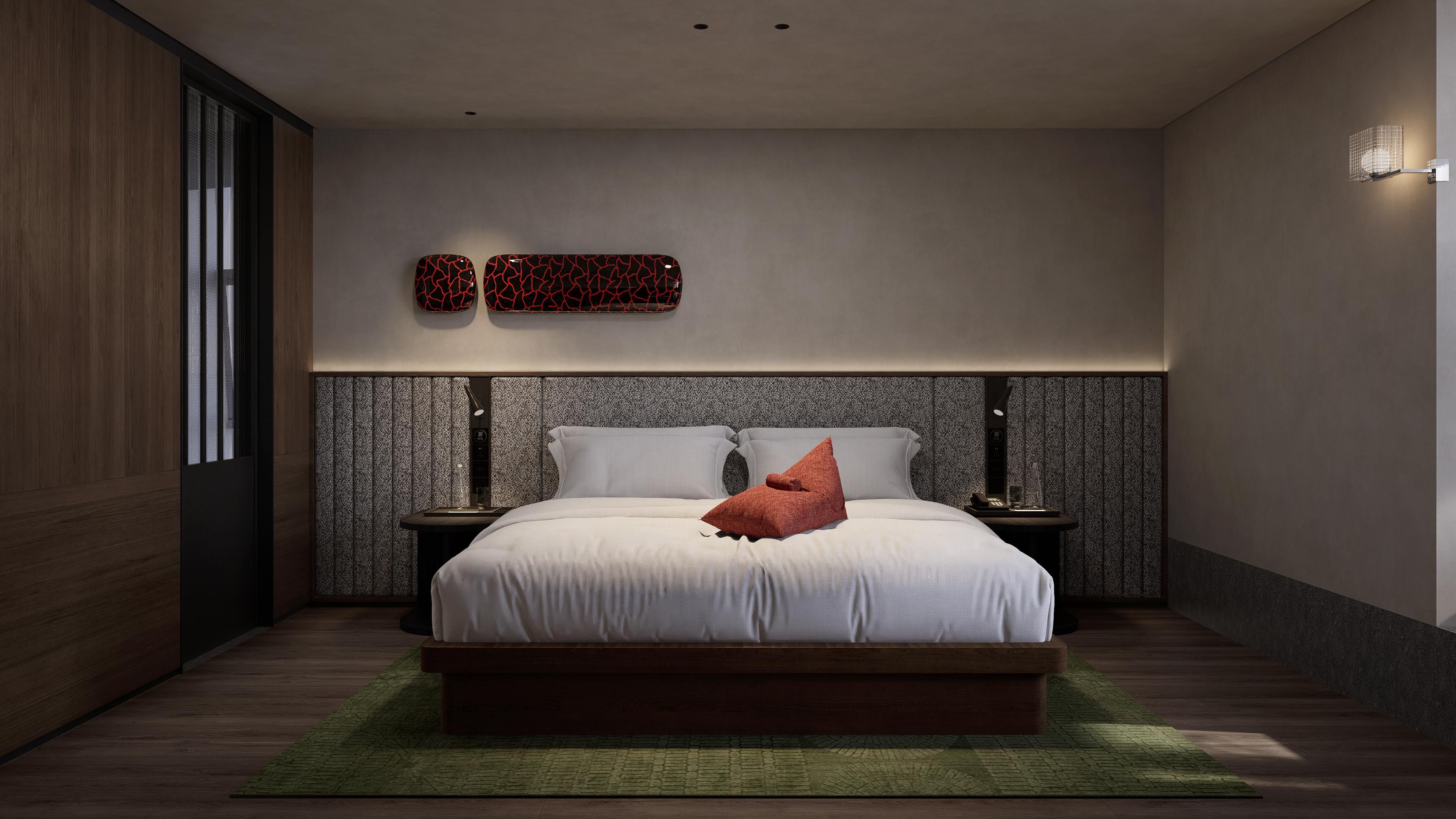 Un dormitorio moderno con una cama grande, una mesita de noche, una lámpara de pared y un elemento decorativo en la pared.