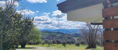 A view from a building with a wooden structure, overlooking a landscape with trees and distant hills.