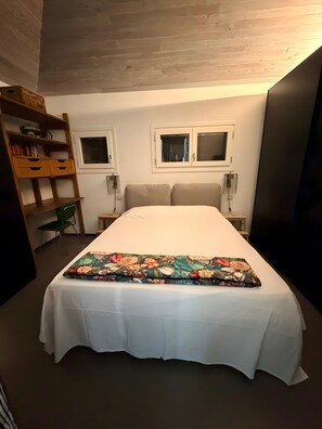 A bedroom with a large bed, two bedside tables, a wooden bookshelf, and two windows. - Villa 'Cubetto' with Wi-Fi and Air Conditioning (Cesena)
