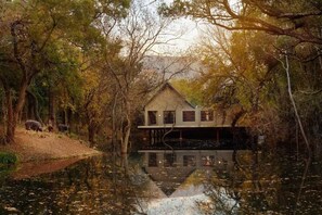 A house with a dock extending into a calm body of water, surrounded by trees.