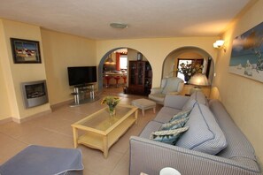 A living room with a sofa, a television, a coffee table, and a fireplace. - Holiday home with 1 bedroom (Play San Juan)