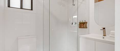 A modern bathroom with a glass-enclosed shower, a toilet, and a sink with a mirror.