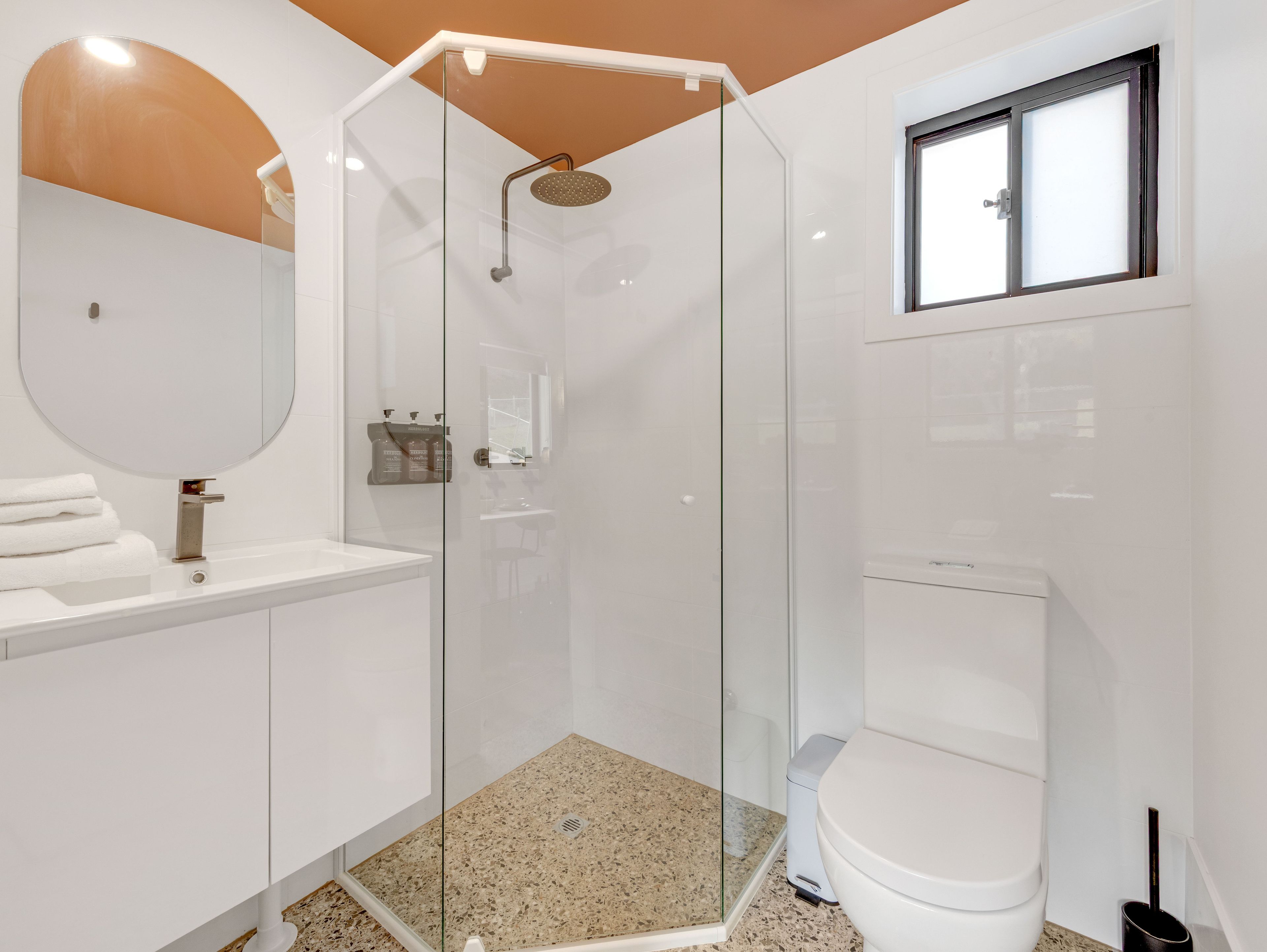 Ein modernes Badezimmer mit einer Duschkabine, einer weißen Toilette und einem Waschbecken mit Spiegel.