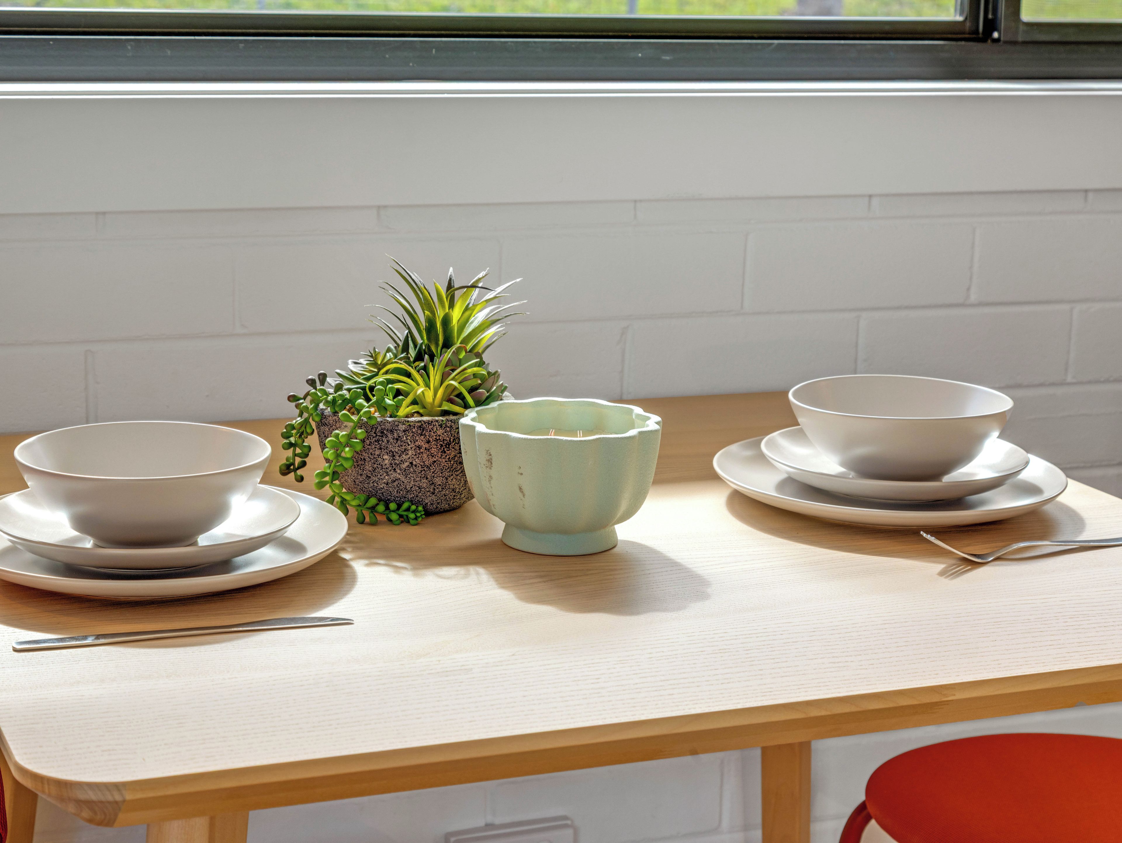 Een tafel met twee kommen en een plant.