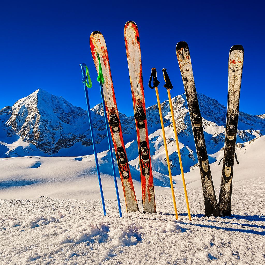 A row of skis with snow-covered mountains in the background.