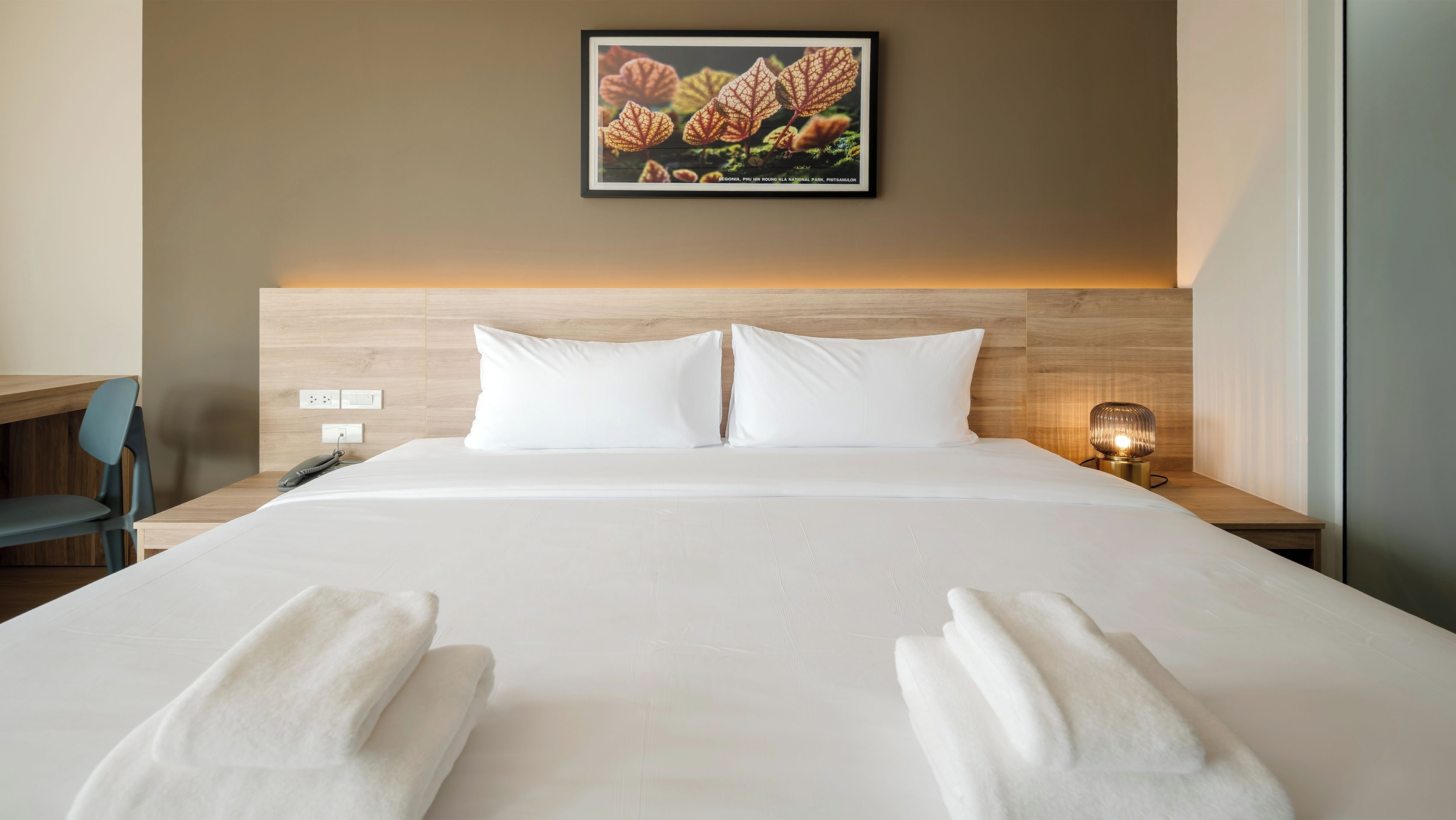 Quarto de hotel com cama, duas almofadas, mesa de cabeceira com abajur, cadeira e um quadro pendurado na parede.