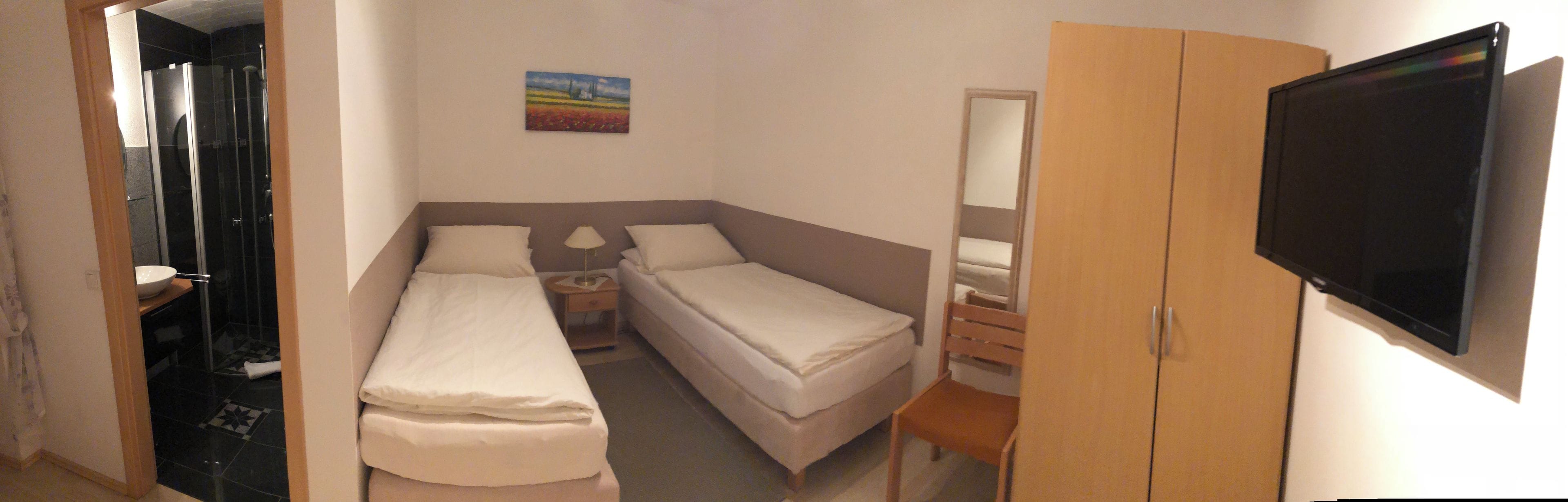A hotel room with a shower, two beds, a TV, and a painting on the wall.