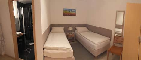 A hotel room with a shower, two beds, a TV, and a painting on the wall.