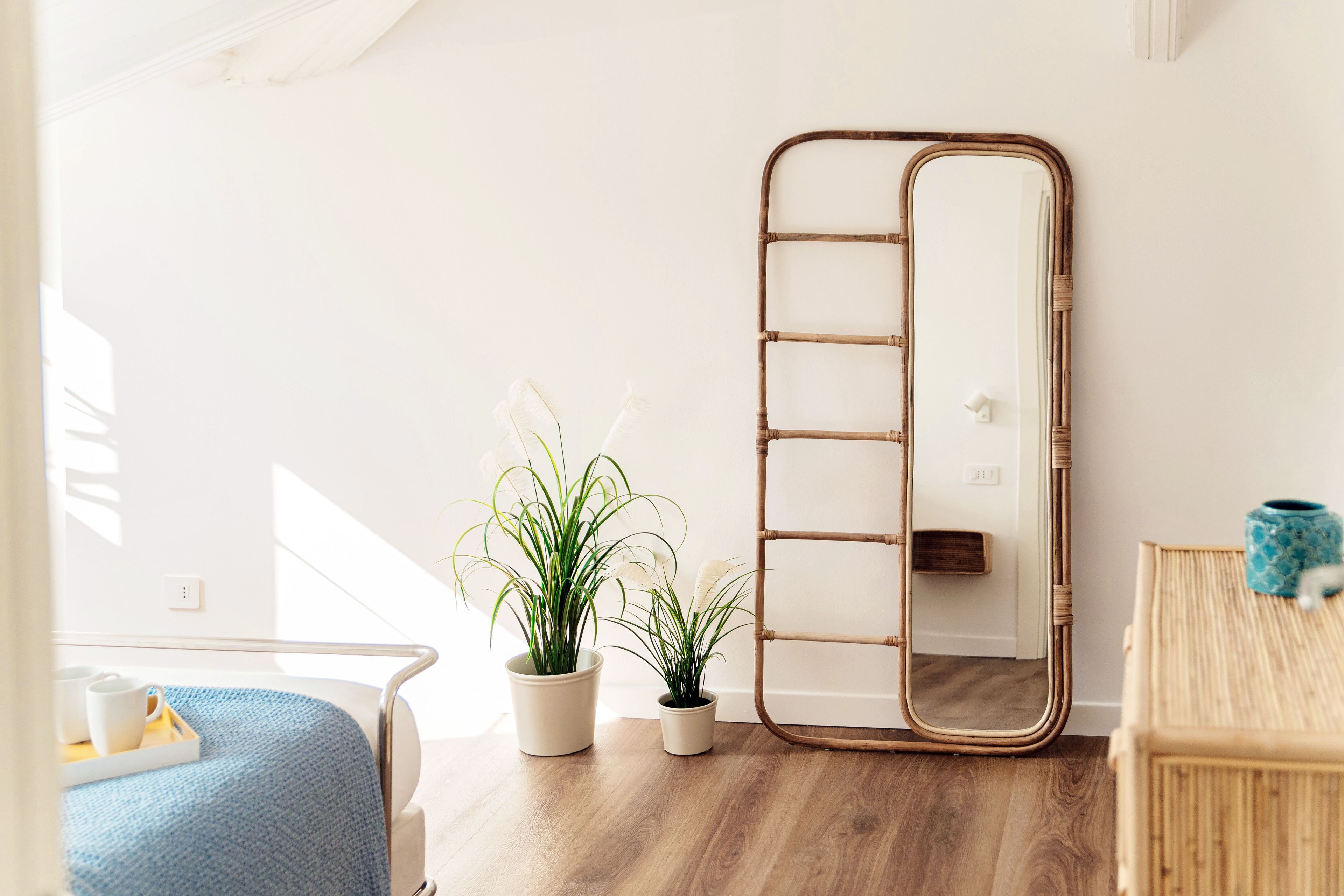 A room with a bed, a mirror, and two potted plants.