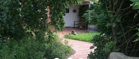 A garden pathway leading to a covered patio area with a bench and a planter.