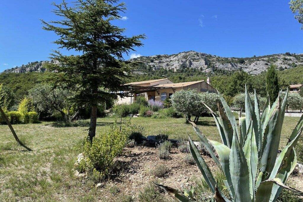 A rural landscape with a house, a tree, and a mountain in the background.
