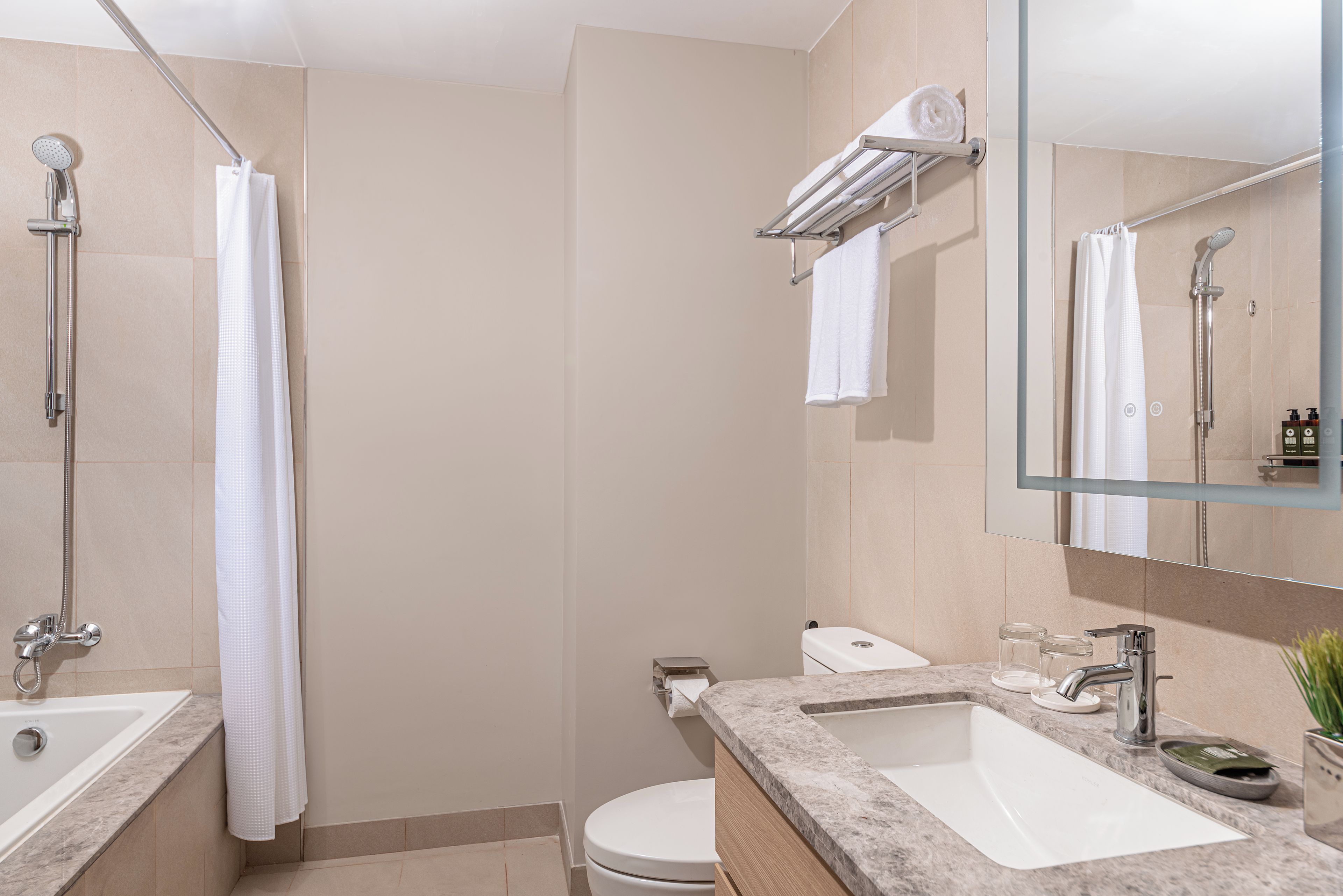 A modern bathroom with a shower, toilet, sink, and a mirror.