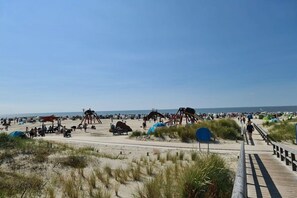 Ein Strand mit einem Holzsteg, Dünen und Strandbesuchern.