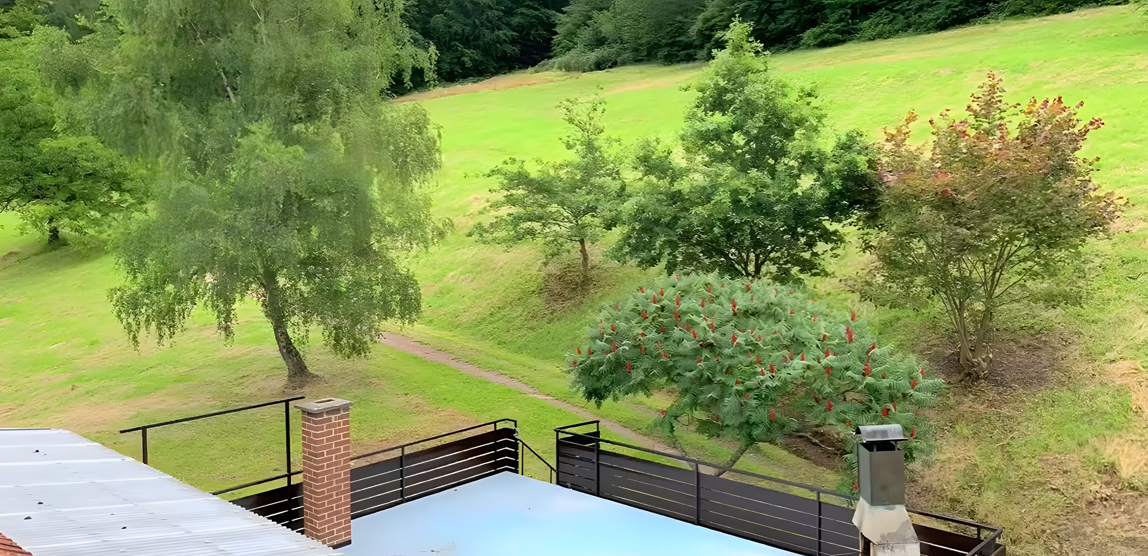 Blick vom Balkon über eine grüne Landschaft mit Bäumen und einem Metallgeländer.