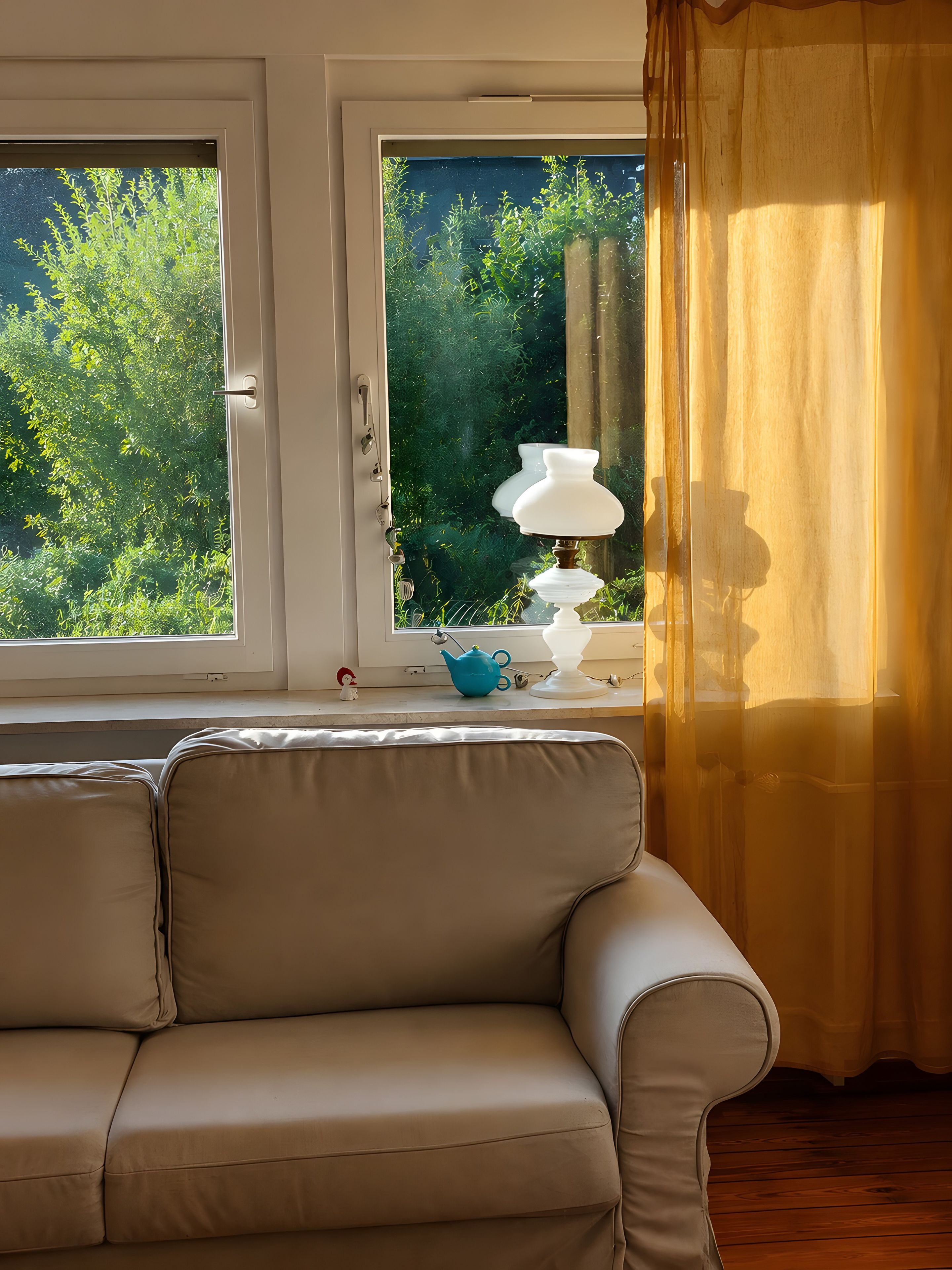 A room with a beige sofa, a window with a view of greenery, and a white lamp on the windowsill.