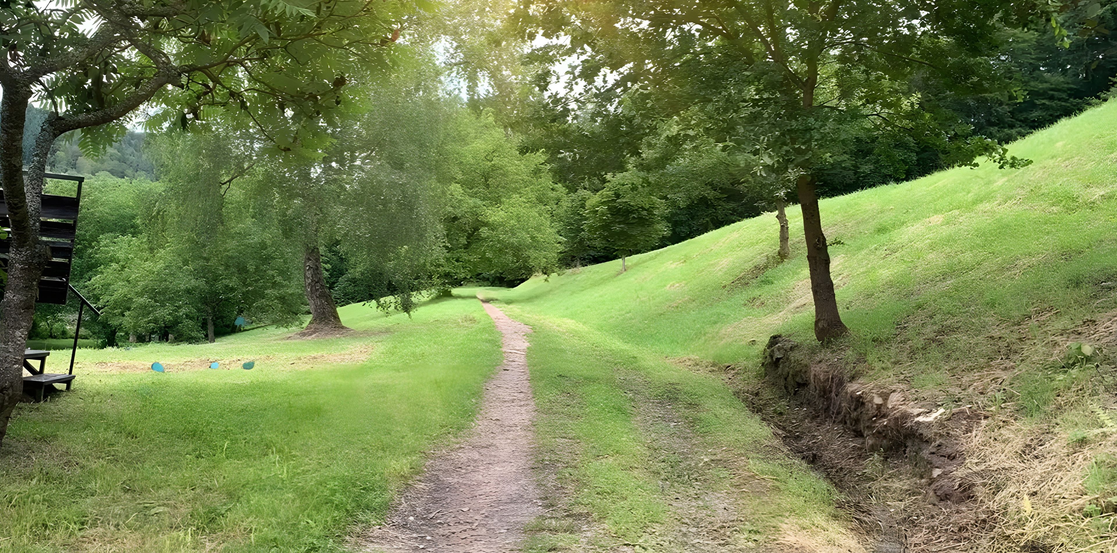 Ein schmutziger Pfad in einem Park mit Bäumen und einer Bank.
