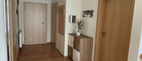 A hallway with a wooden door, a cabinet with a plant, and a wall-mounted light fixture.