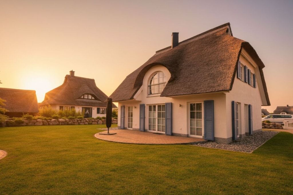 A house with a thatched roof, a well-maintained lawn, and a clear sky.