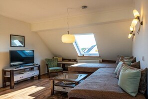 A cozy loft bedroom with a sloped ceiling, a television, a sofa, and a window providing a view of the sky. - Holiday apartment with 2 bedrooms (Rheinau-Holzhausen)