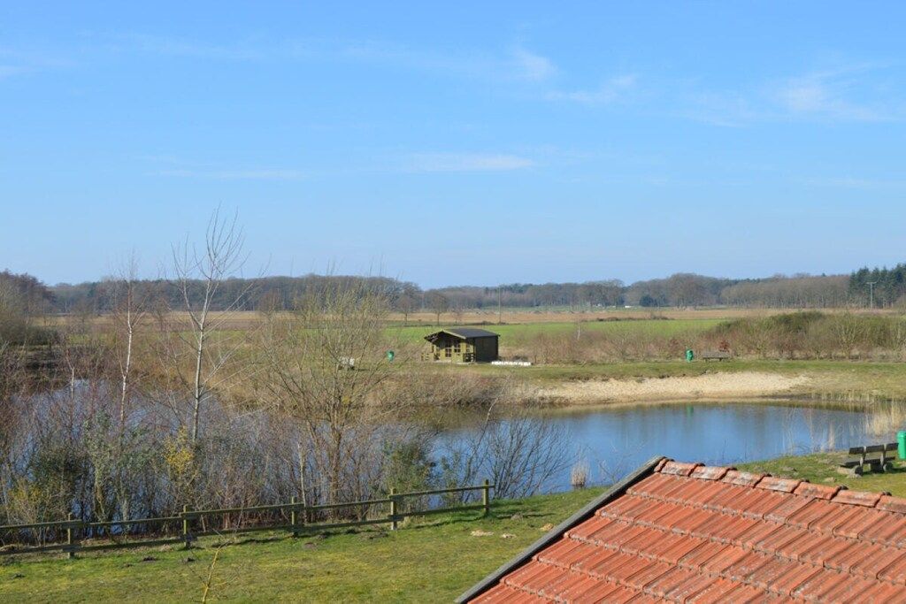 Ländliche Landschaft mit Teich, einem kleinen Gebäude und einem eingezäunten Bereich.