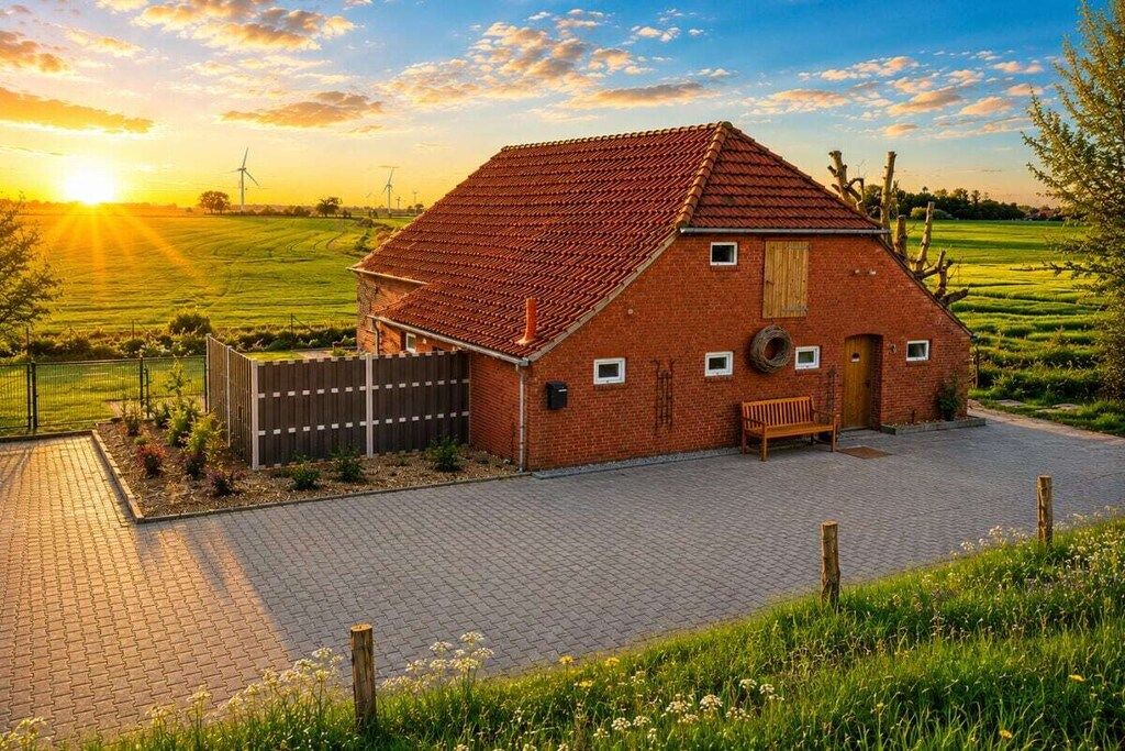 A brick house with a sloped roof, a wooden bench, and a paved driveway.