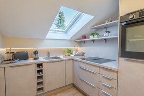 A modern kitchen with a skylight, built-in shelves, and a built-in oven. - Holiday apartment in Oberstdorf with Wi-Fi (Oberstdorf)