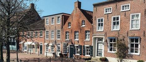A row of traditional brick buildings with uniform windows and doors, a paved street, and a tree in the foreground.