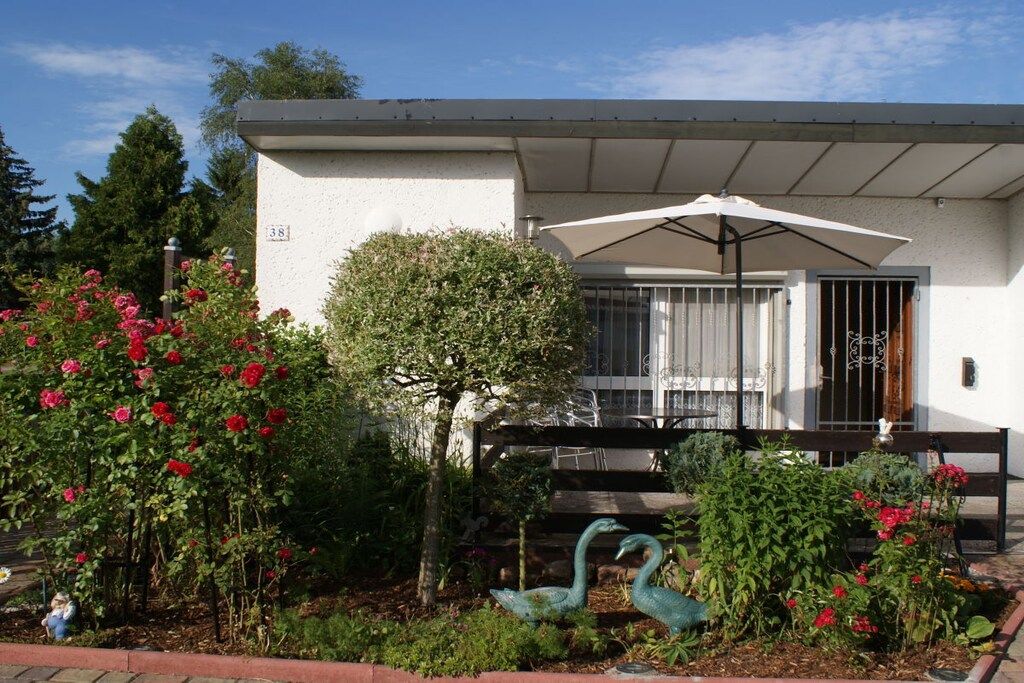 Un bâtiment à l’extérieur blanc, doté d’un patio couvert et d’un jardin agrémenté de fleurs rouges et d’une statue de cygne.