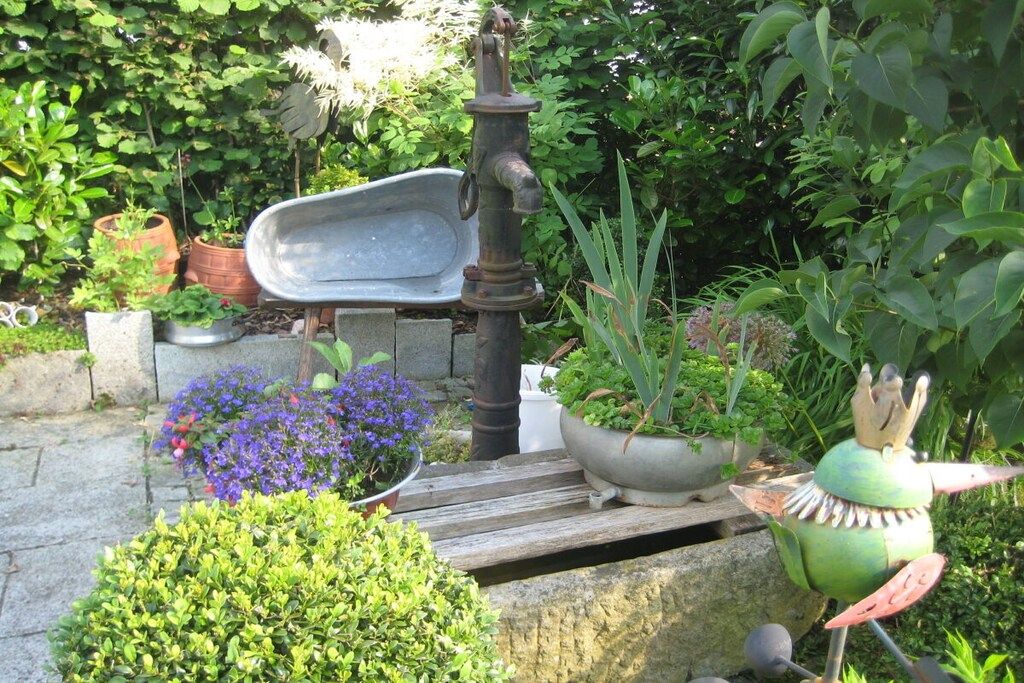 Un jardín con un hidrante metálico, una carretilla y diversas plantas en macetas.