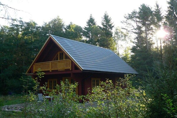 A cabin with a sloped roof, wooden balcony, and surrounded by dense forest.