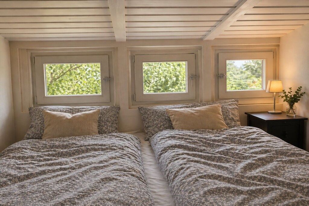 A bedroom with two beds, each with a floral-patterned bedspread and matching pillows. There are three windows providing natural light, and a bedside table with a lamp.