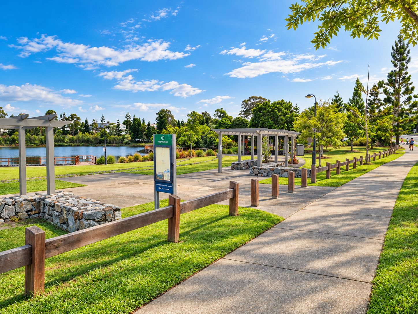 A park with a gazebo, a stone wall, a wooden fence, and a clear sky.