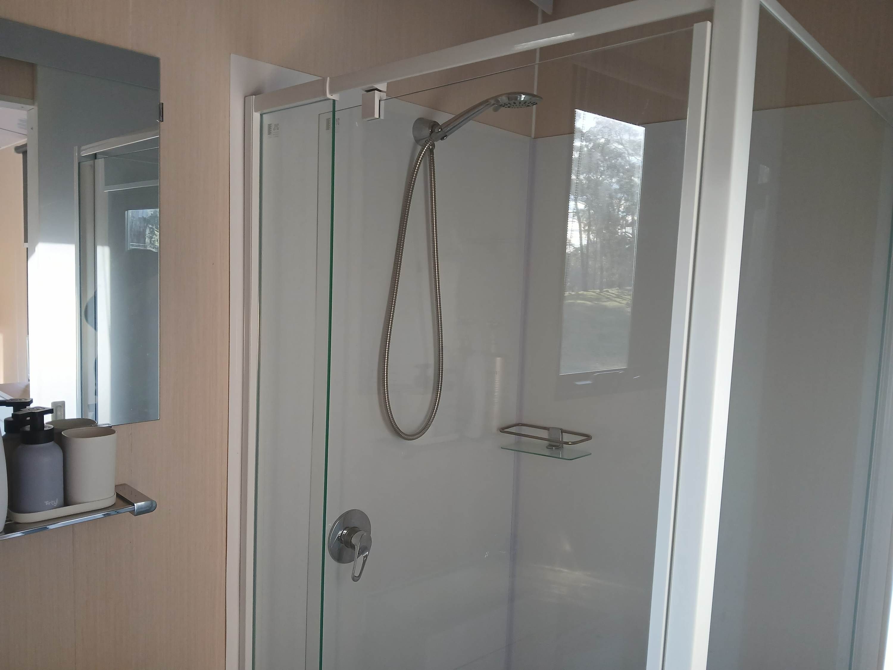A glass-enclosed shower with a handheld showerhead, a glass shelf with toiletries, and a mirror.