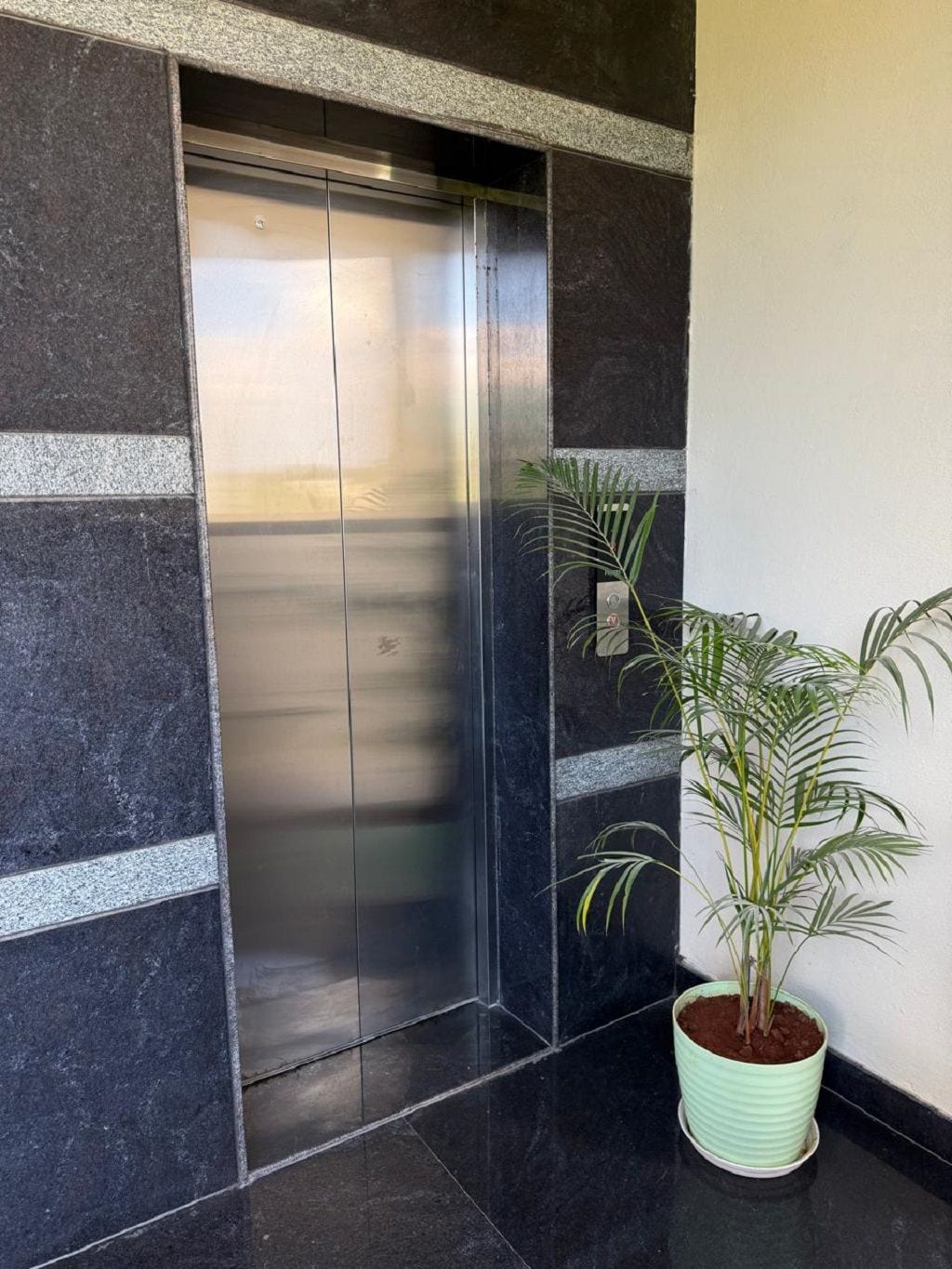 Un ascensore moderno con finiture metalliche, affiancato da pareti in pietra scura e un vaso con una pianta.