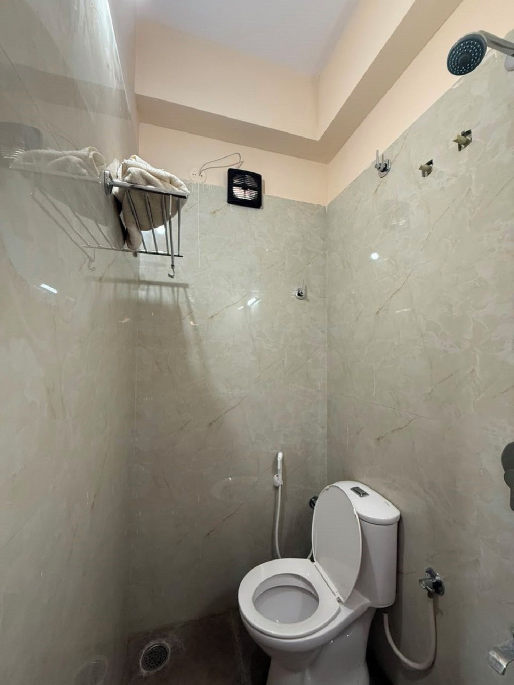 A small, modern bathroom with a toilet, a shower, and a towel rack.