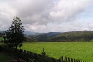 A rural landscape with a fenced field, a tree, and rolling hills in the background. - Holiday apartment with 1 bedroom (St. Märgen)