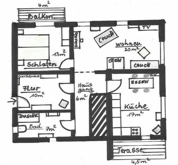 Grundriss eines Hotels mit Balkon, Wohnzimmer, Fernseher, Sofa, Küche und Badezimmer.
