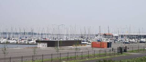 A marina with numerous sailboats docked, a parking area, and a small building.