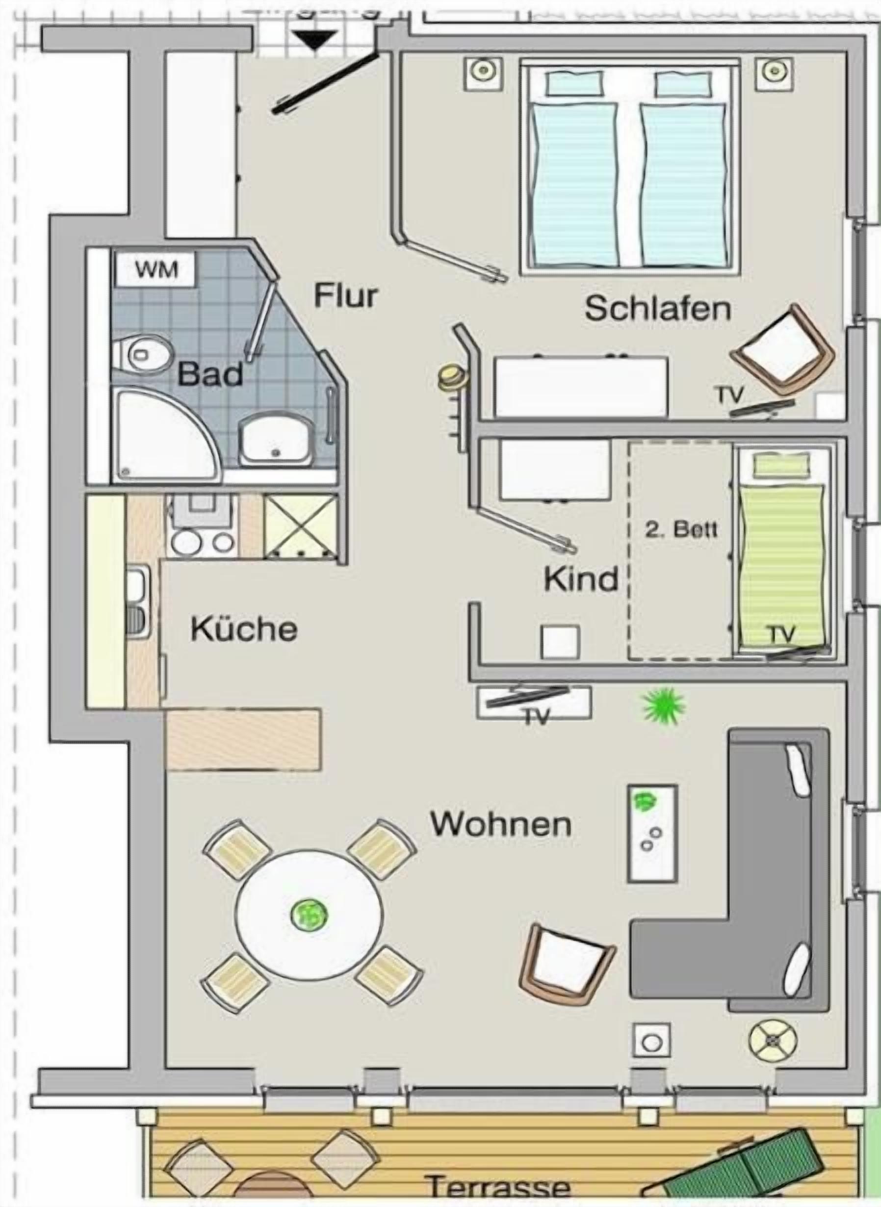 Ein Grundriss eines Hotels mit Wohnzimmer, Küche, Bad und Terrasse.