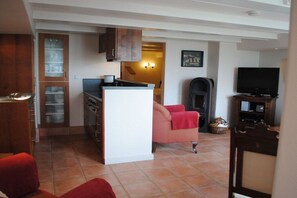 A compact living space with a kitchen, a fireplace, a television, and a red armchair. - Holiday apartment with 1 bedroom (Stexwig)