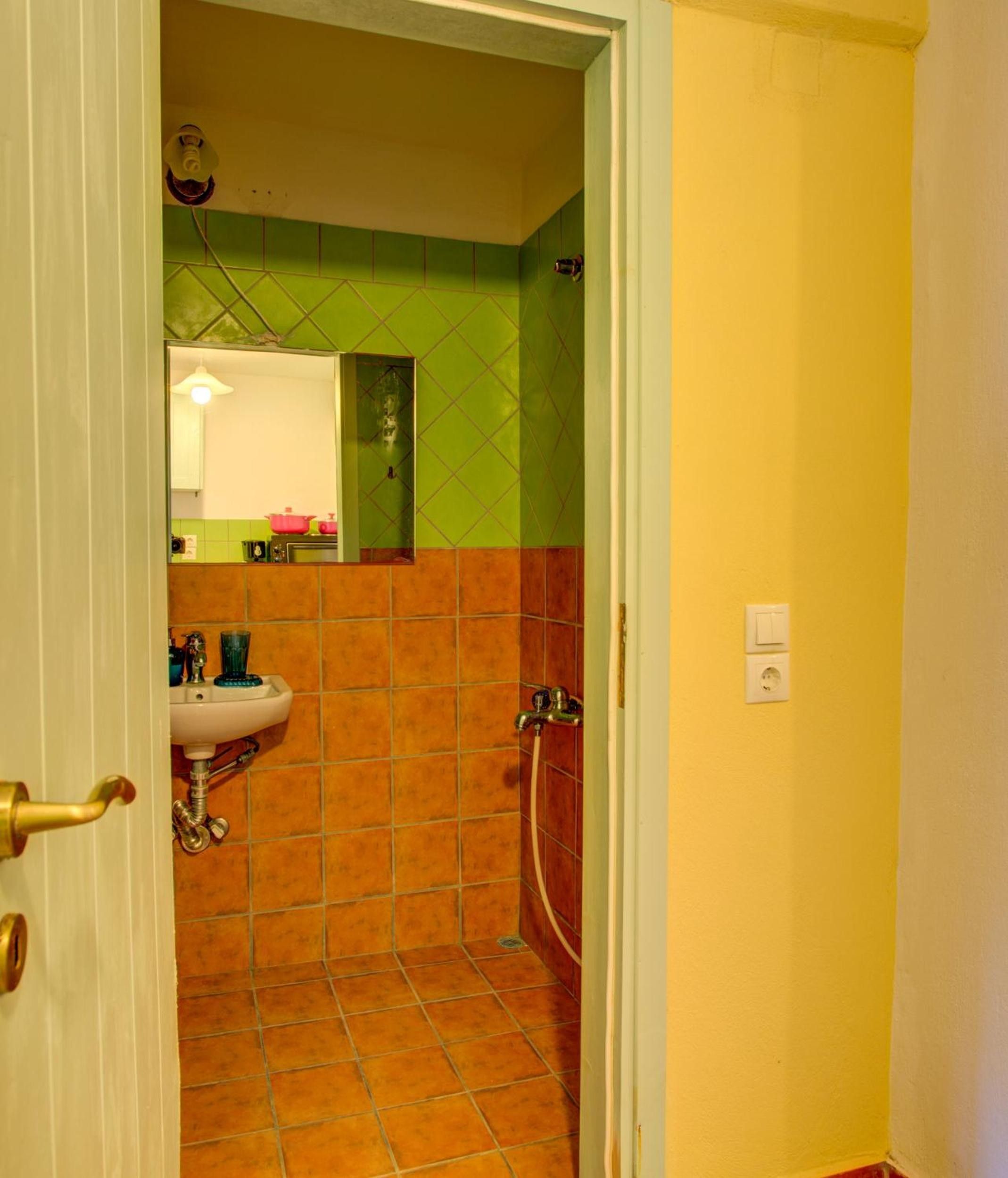 A bathroom with a sink, mirror, and shower.