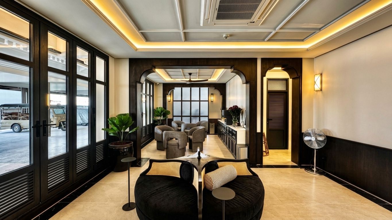 Un hall d’hôtel doté d’un espace salon, de grandes fenêtres et d’un ventilateur de plafond.