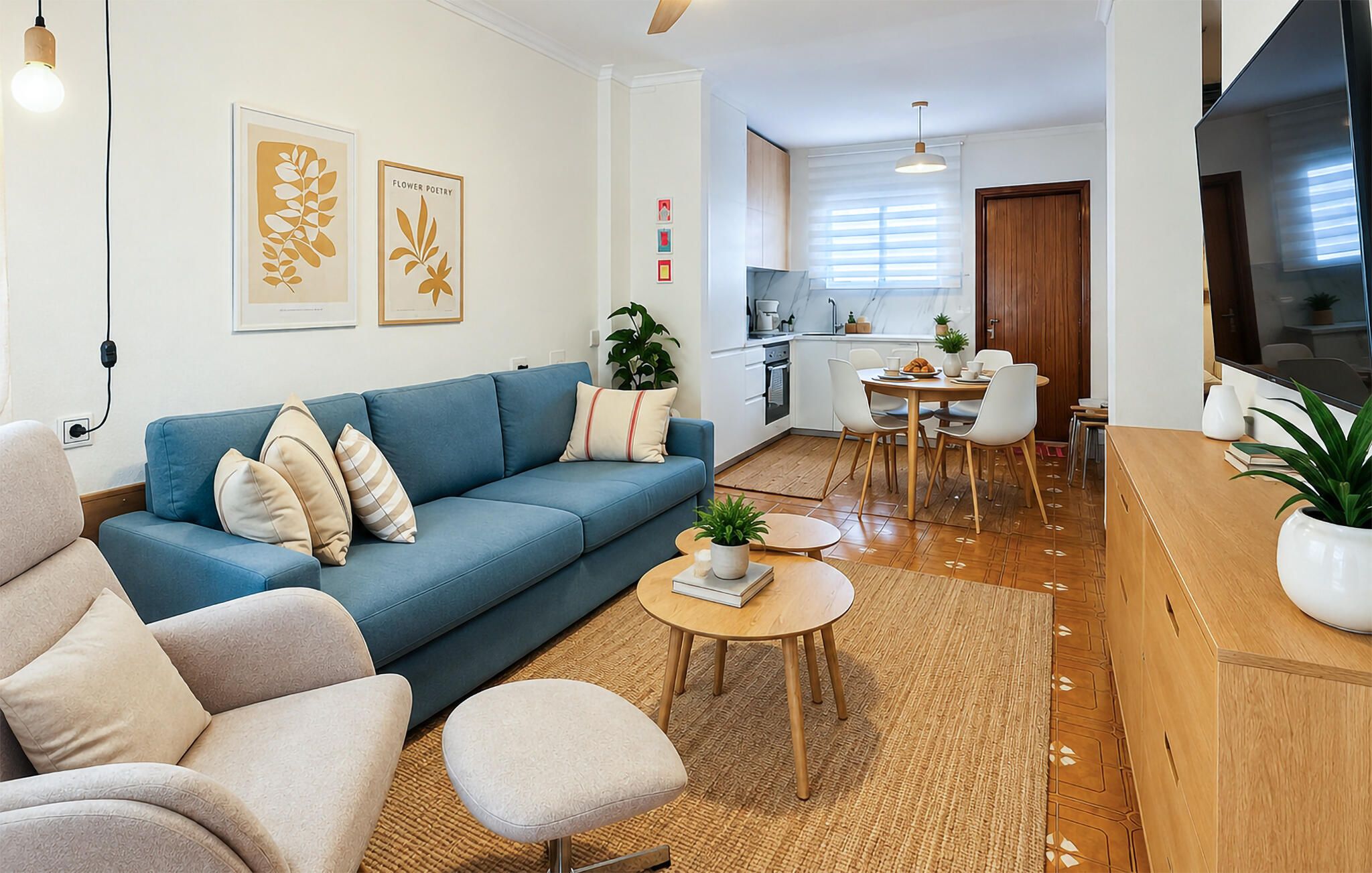 Una sala de estar moderna con un sofá azul, un comedor con una mesa de madera y una cocina al fondo.