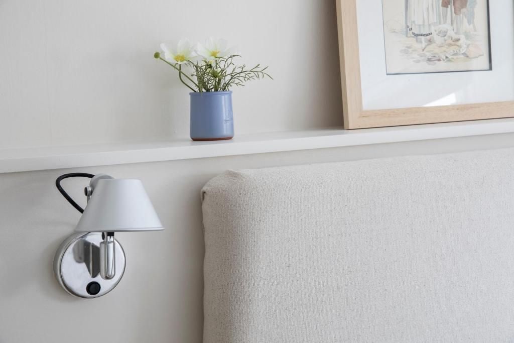 A wall-mounted lamp, a framed artwork, and a potted plant on a shelf.