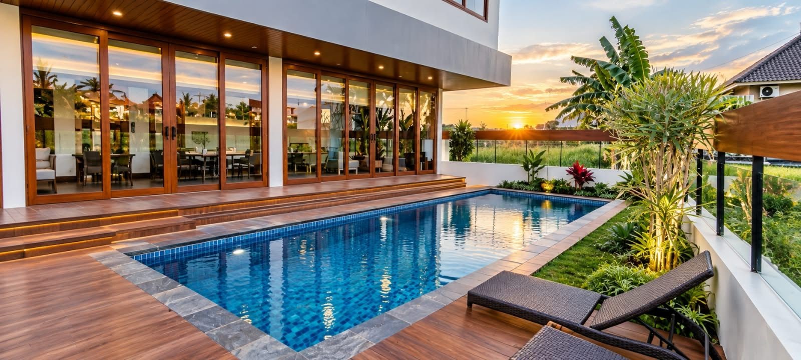 A modern outdoor swimming pool with a wooden deck, glass doors leading to a covered patio, and lush greenery.